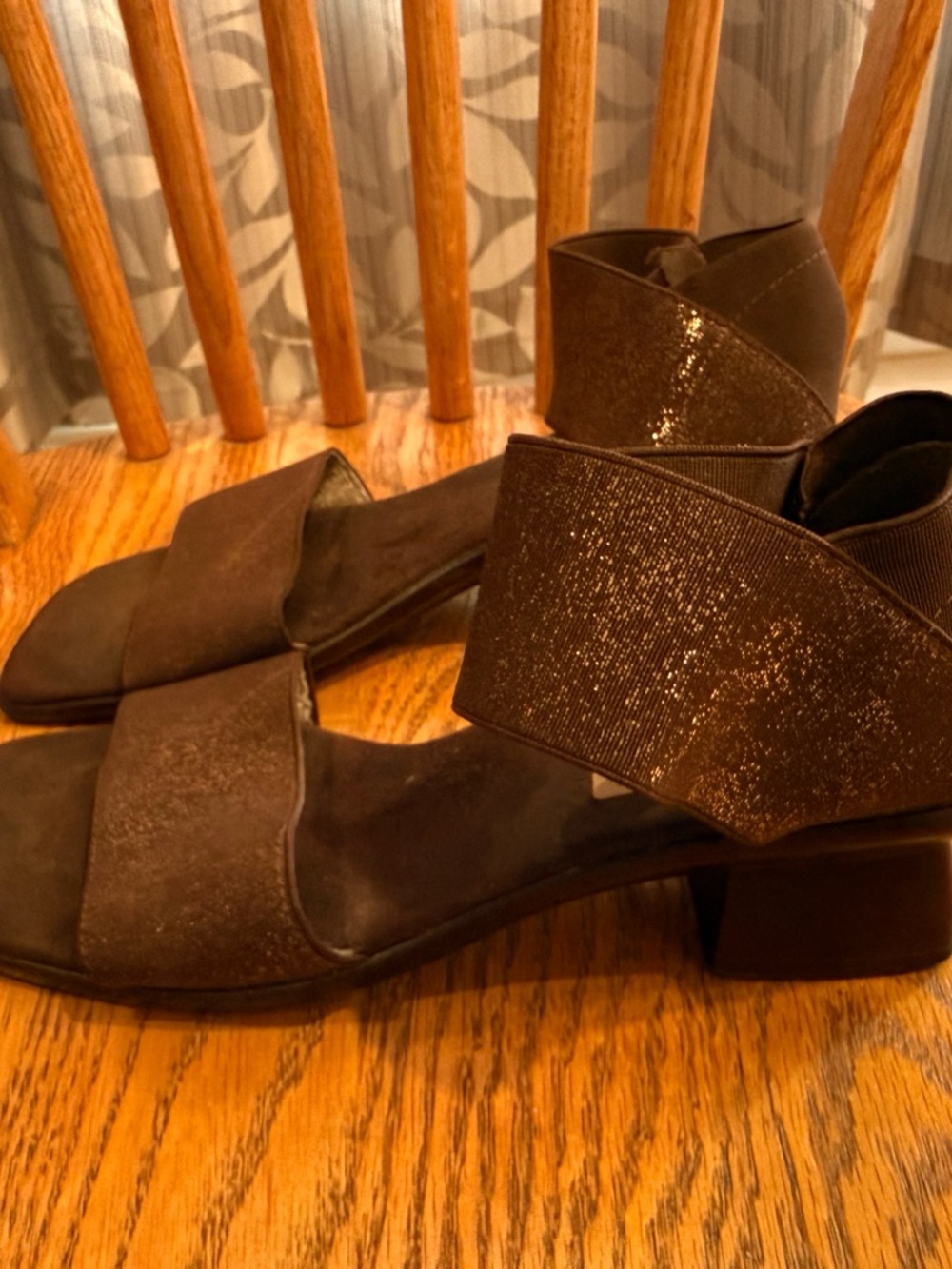 Women’s Brown Glitter Block Heel Sandals with Ankle Strap